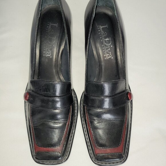 Vintage La Diva Black Square Toed Loafers with Burgundy Trim Size 7.5 B - Picture 5 of 10